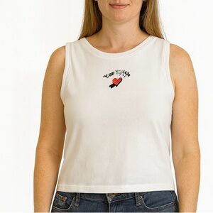 White Sleeveless tank Top embroidered YOU WISH heart graphic cropped SZ LG
